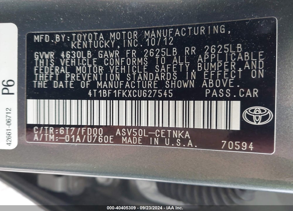 2012 TOYOTA CAMRY LE VIN: 4T1BF1FKXCU627545