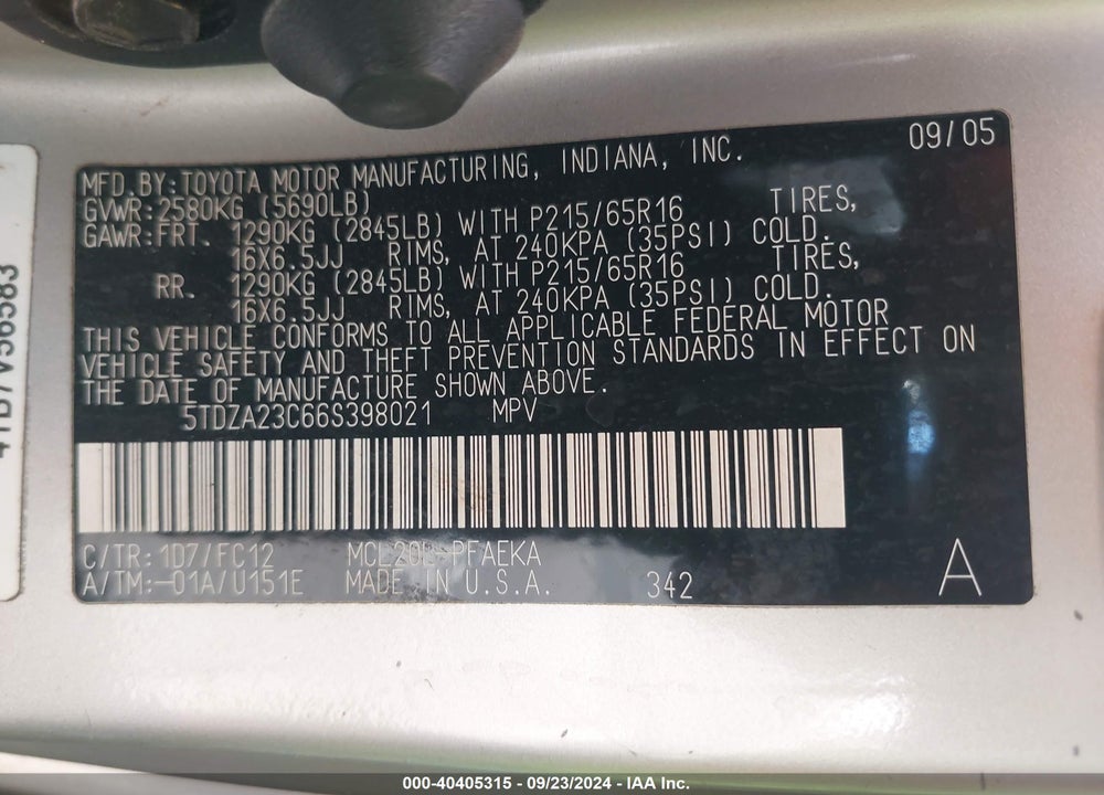 2006 TOYOTA SIENNA LE VIN: 5TDZA23C66S398021