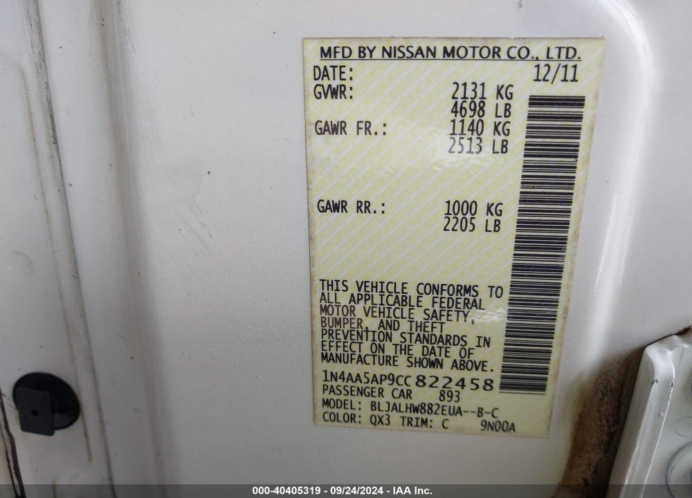 2012 NISSAN MAXIMA 3.5 SV VIN: 1N4AA5AP9CC822458