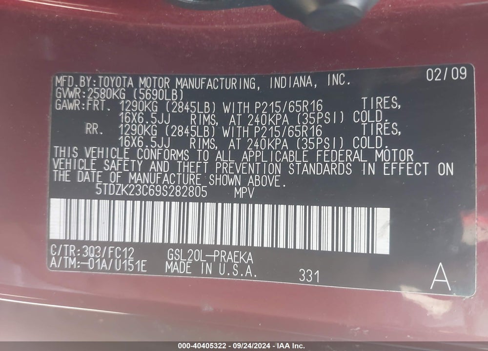 2009 TOYOTA SIENNA LE VIN: 5TDZK23C69S282805