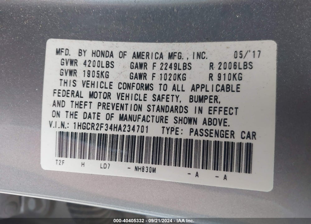 2017 HONDA ACCORD LX VIN: 1HGCR2F34HA234701