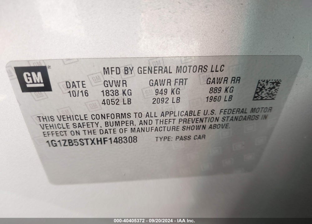 2017 CHEVROLET MALIBU LS VIN: 1G1ZB5STXHF148308