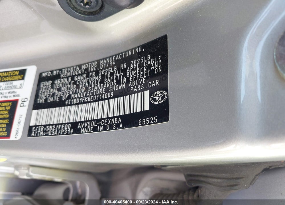 2014 TOYOTA CAMRY HYBRID LE VIN: 4T1BD1FK6EU114009