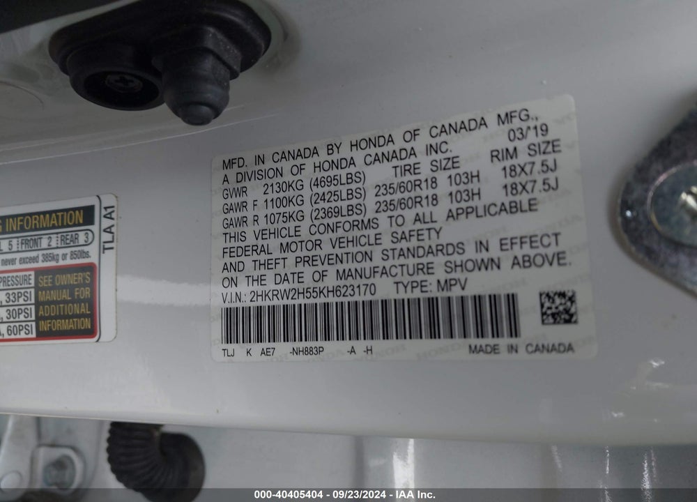 2019 HONDA CR-V EX VIN: 2HKRW2H55KH623170