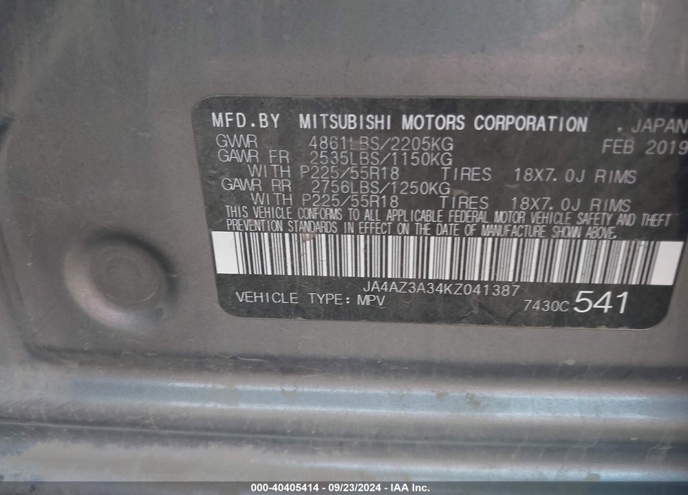 2019 MITSUBISHI OUTLANDER SEL VIN: JA4AZ3A34KZ041387