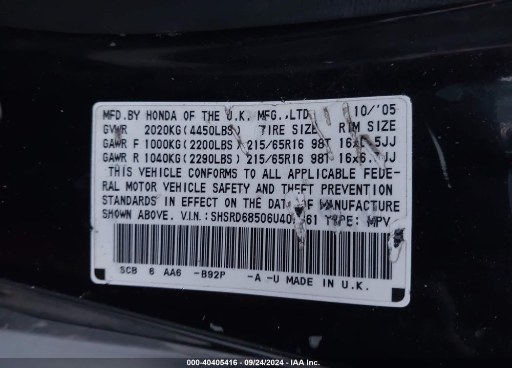 2006 HONDA CR-V LX VIN: SHSRD68506U402361