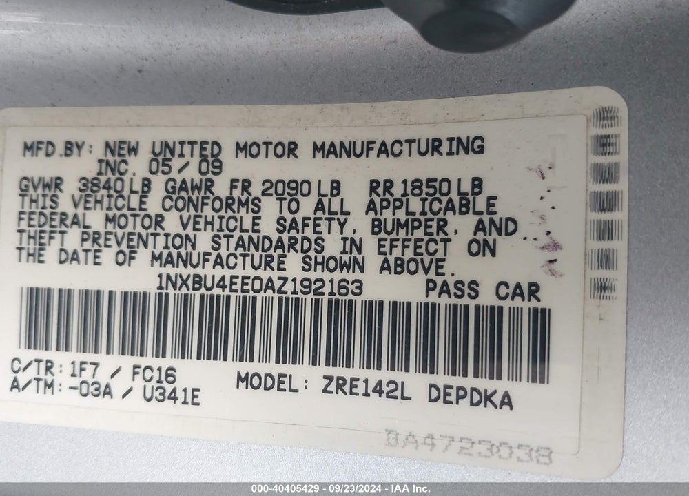 2010 TOYOTA COROLLA LE VIN: 1NXBU4EE0AZ192163