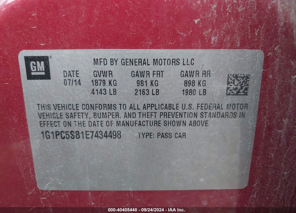 2014 CHEVROLET CRUZE 1LT AUTO VIN: 1G1PC5SB1E7434498