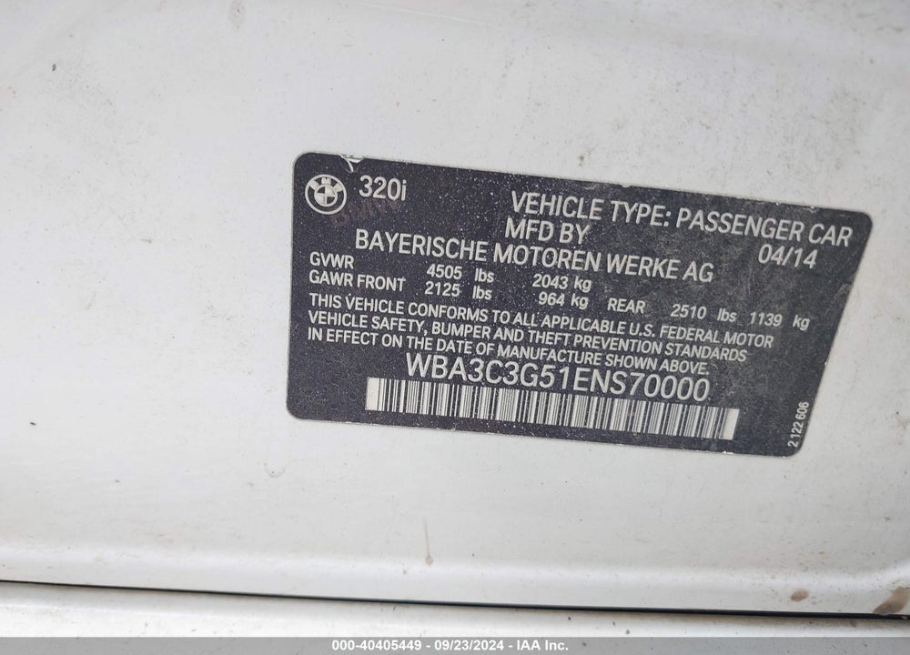2014 BMW 320I XDRIVE VIN: WBA3C3G51ENS70000