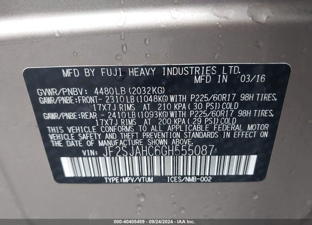 2016 SUBARU FORESTER 2.5I LIMITED VIN: JF2SJAHC6GH555087