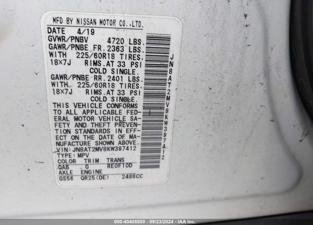 2019 NISSAN ROGUE SV VIN: JN8AT2MV8KW397412