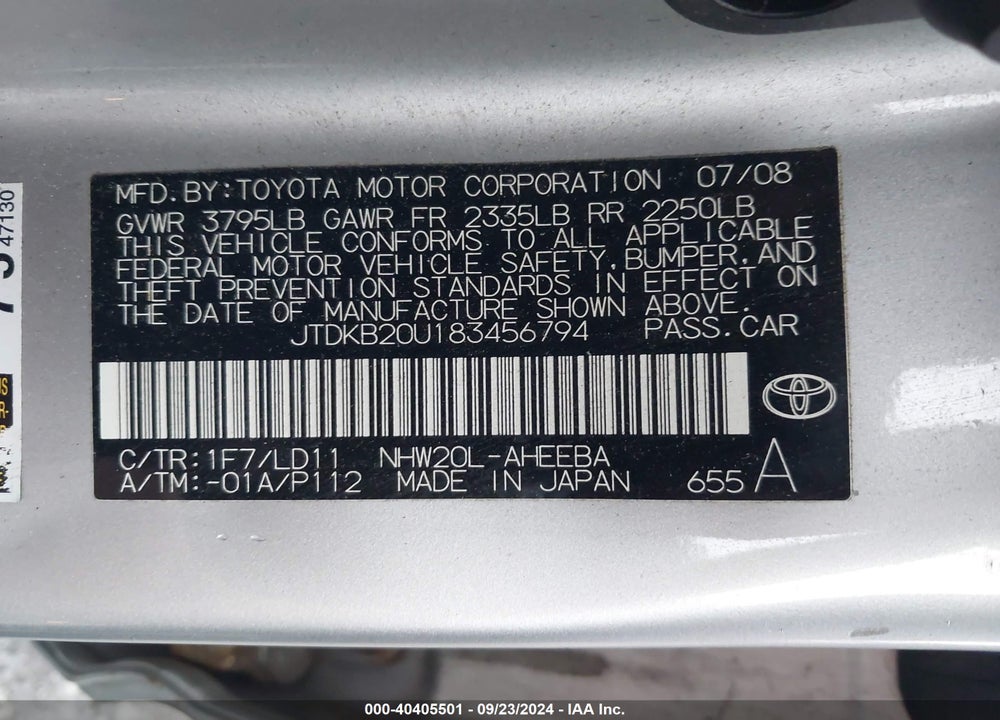 2008 TOYOTA PRIUS VIN: JTDKB20U183456794