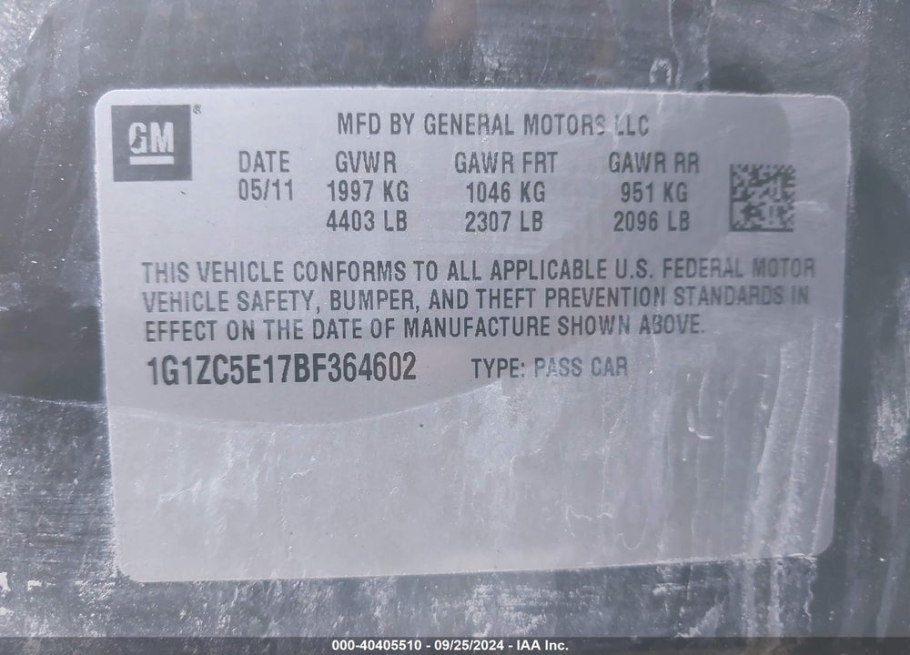 2011 CHEVROLET MALIBU 1LT VIN: 1G1ZC5E17BF364602