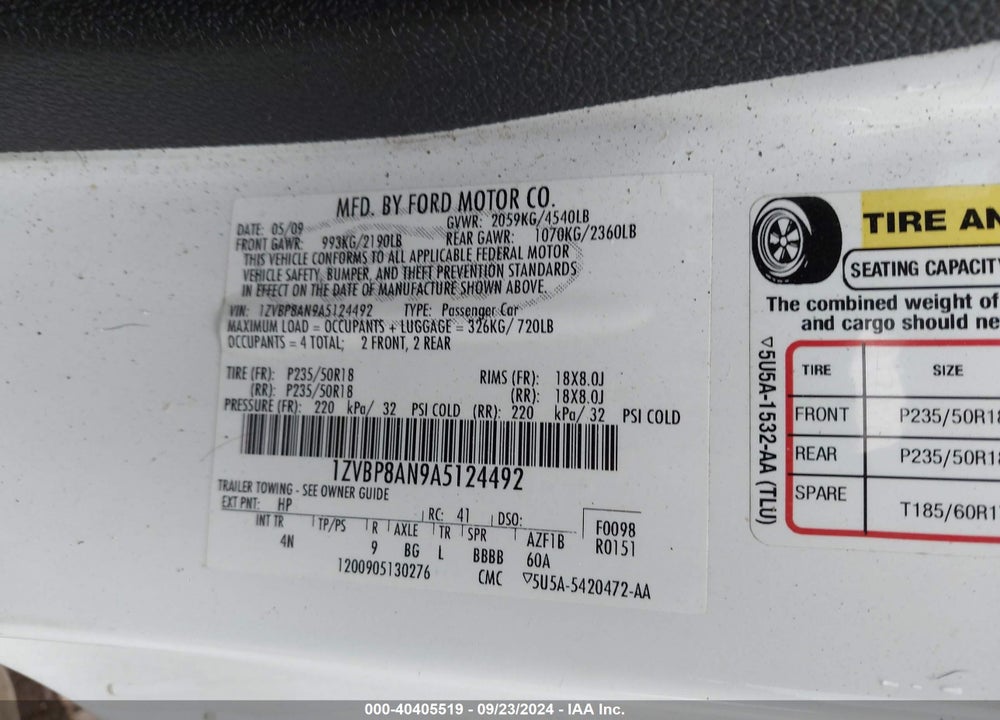 2010 FORD MUSTANG V6/V6 PREMIUM VIN: 1ZVBP8AN9A5124492