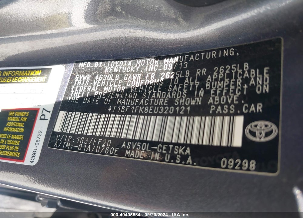 2014 TOYOTA CAMRY SE VIN: 4T1BF1FK8EU320121