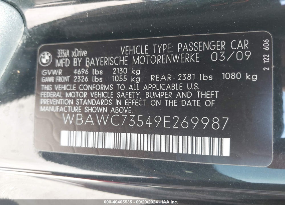 2009 BMW 335I XDRIVE VIN: WBAWC73549E269987