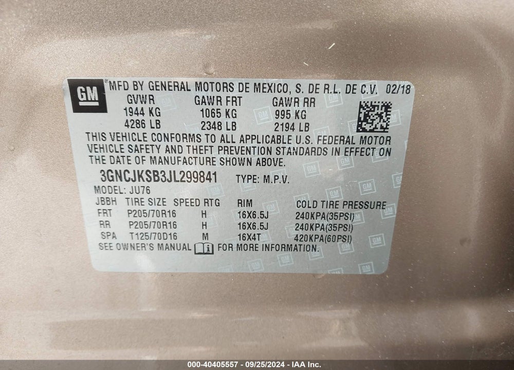 2018 CHEVROLET TRAX LS VIN: 3GNCJKSB3JL299841