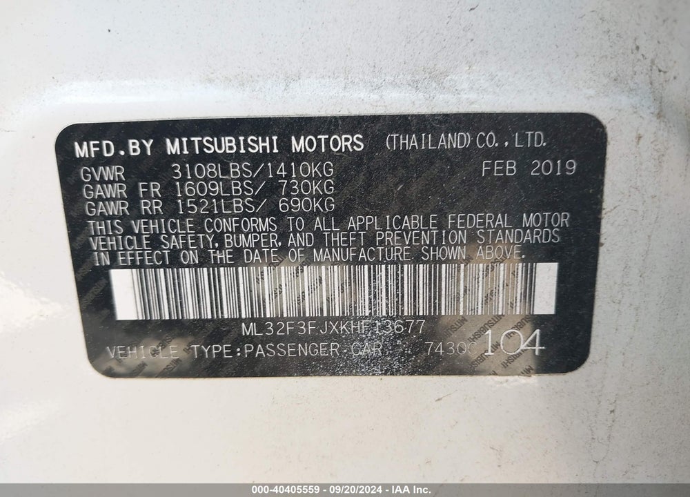 2019 MITSUBISHI MIRAGE G4 ES VIN: ML32F3FJXKHF13677