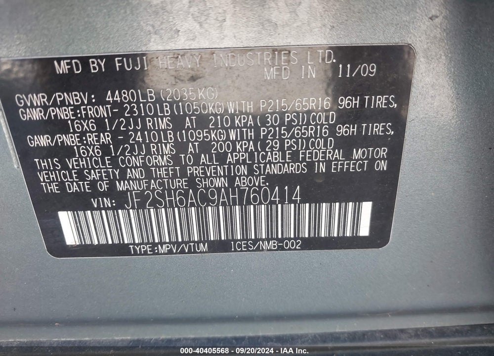 2010 SUBARU FORESTER 2.5X VIN: JF2SH6AC9AH760414