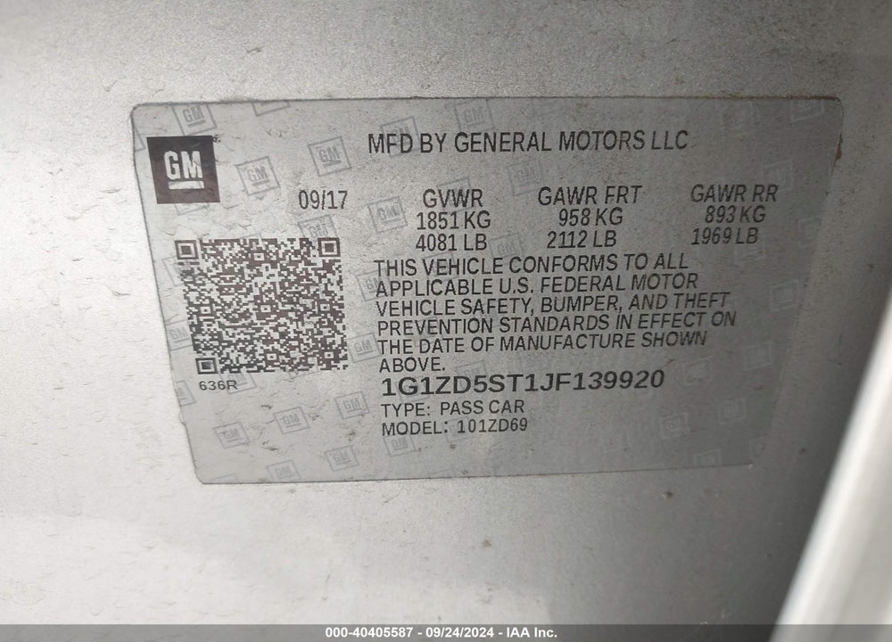 2018 CHEVROLET MALIBU LT VIN: 1G1ZD5ST1JF139920