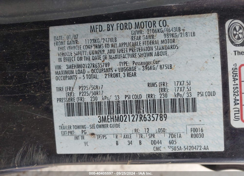 2007 MERCURY MILAN V6 PREMIER VIN: 3MEHM02127R635789