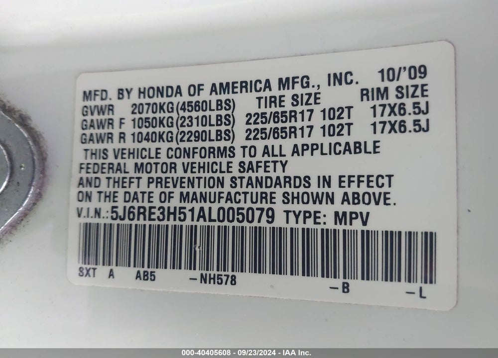 2010 HONDA CR-V EX VIN: 5J6RE3H51AL005079