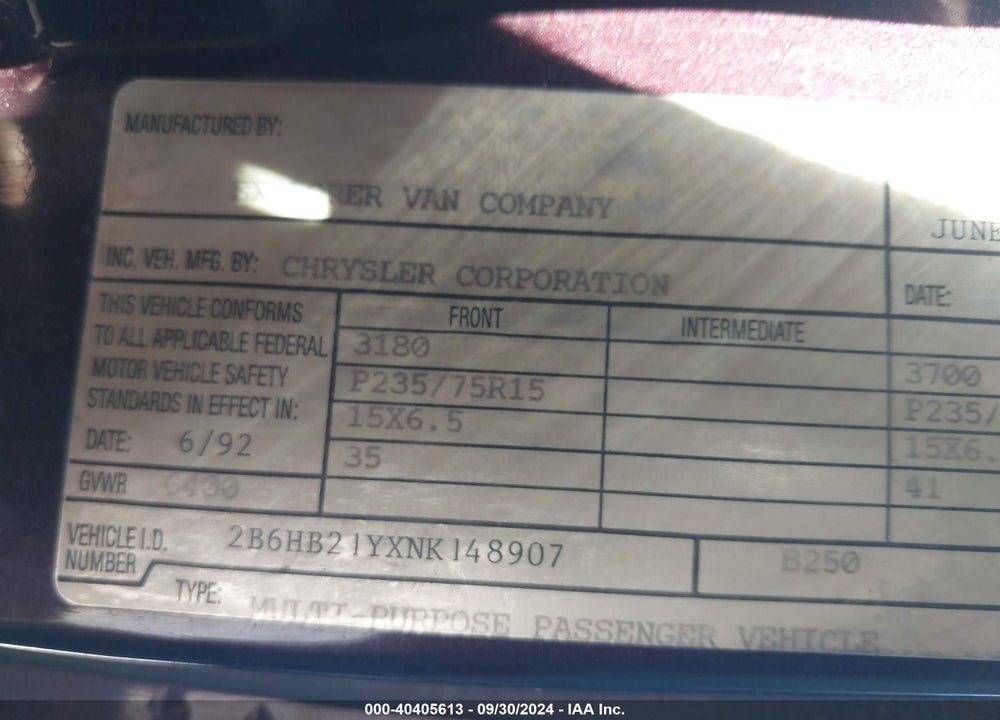 1992 DODGE RAM VAN B250 VIN: 2B6HB21YXNK148907