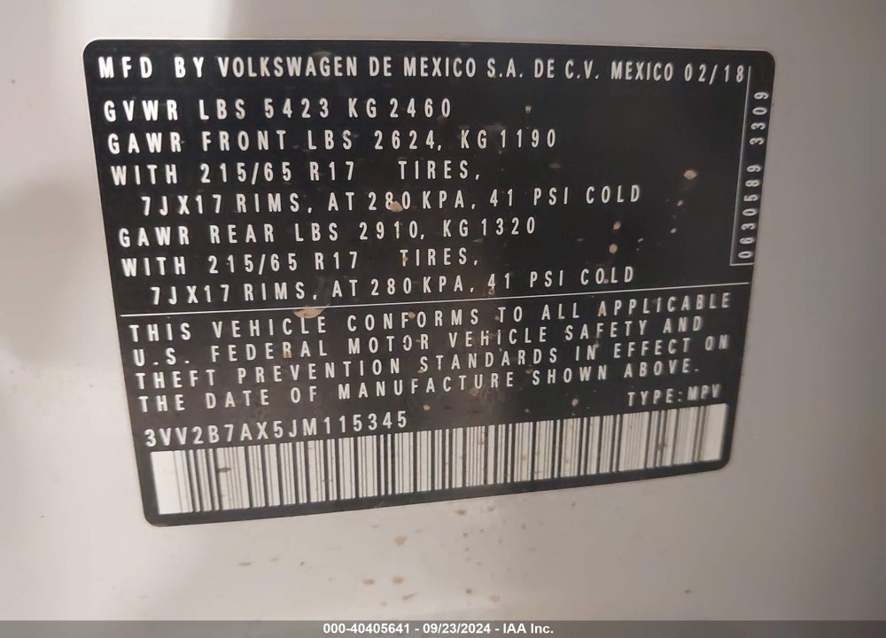 2018 VOLKSWAGEN TIGUAN 2.0T SE/2.0T SEL VIN: 3VV2B7AX5JM115345
