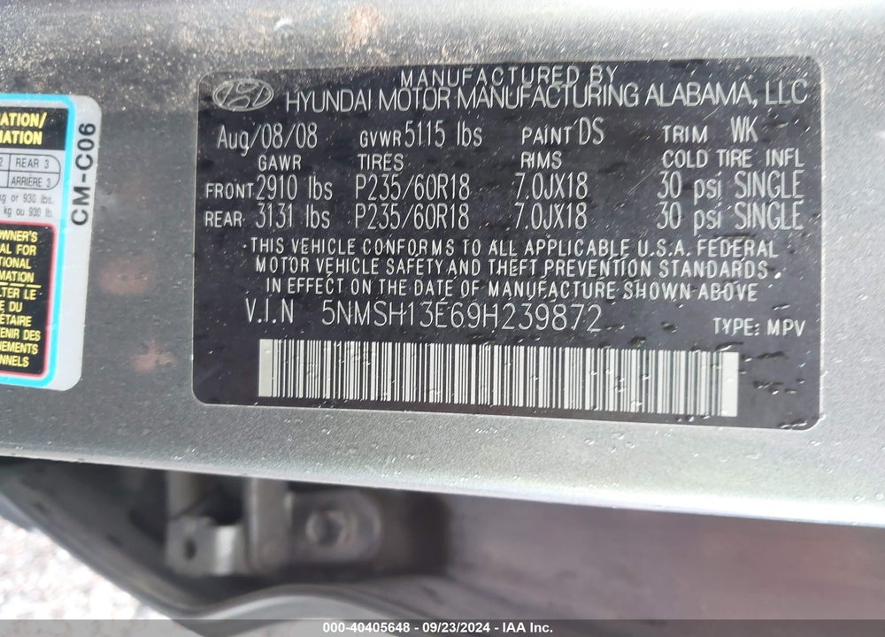 2009 HYUNDAI SANTA FE LIMITED VIN: 5NMSH13E69H239872