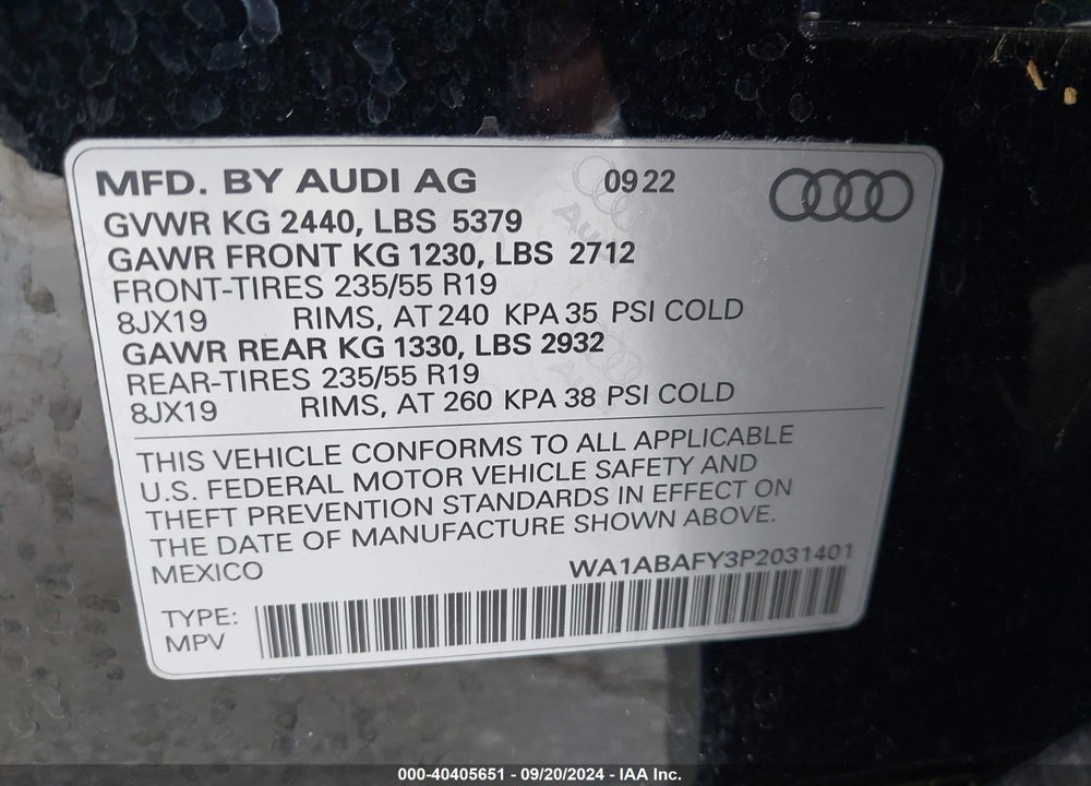 2023 AUDI Q5 PREMIUM 40 TFSI QUATTRO S TRONIC VIN: WA1ABAFY3P2031401