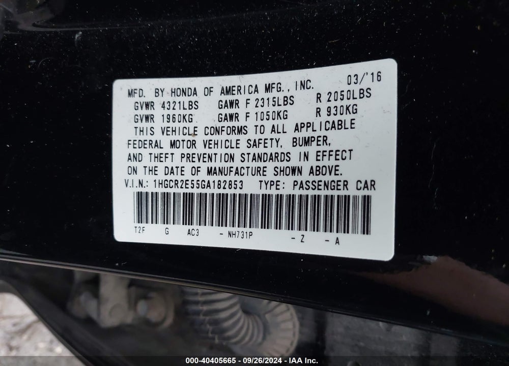2016 HONDA ACCORD SPORT VIN: 1HGCR2E55GA182853