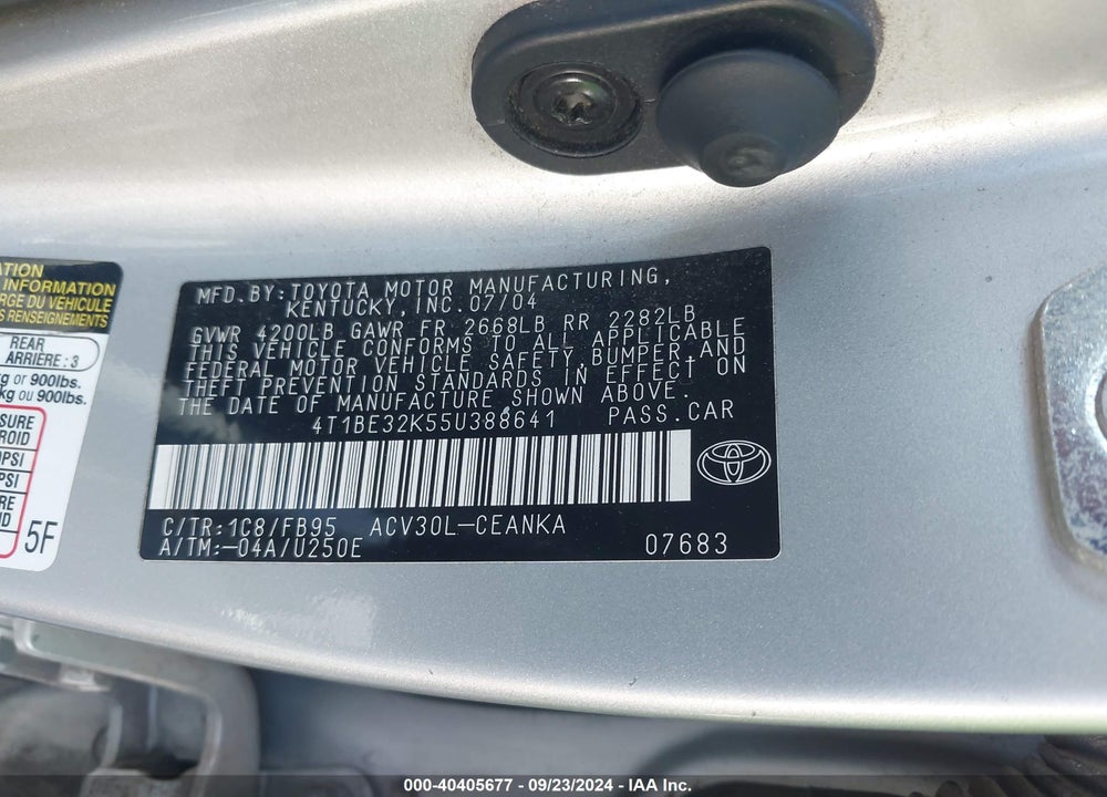 2005 TOYOTA CAMRY LE VIN: 4T1BE32K55U388641