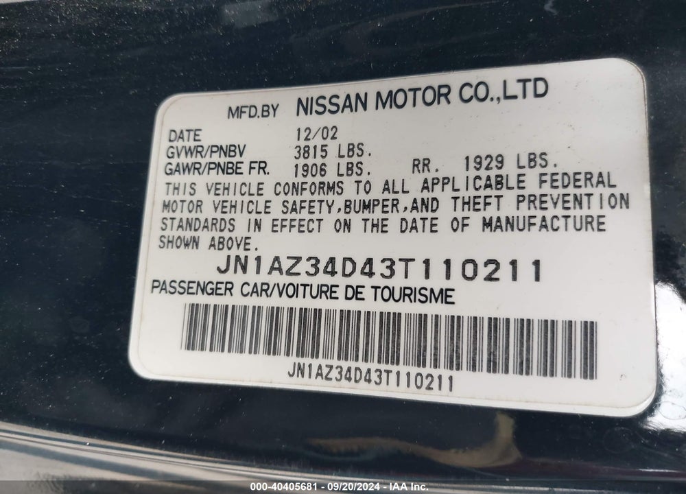 2003 NISSAN 350Z ENTHUSIAST VIN: JN1AZ34D43T110211