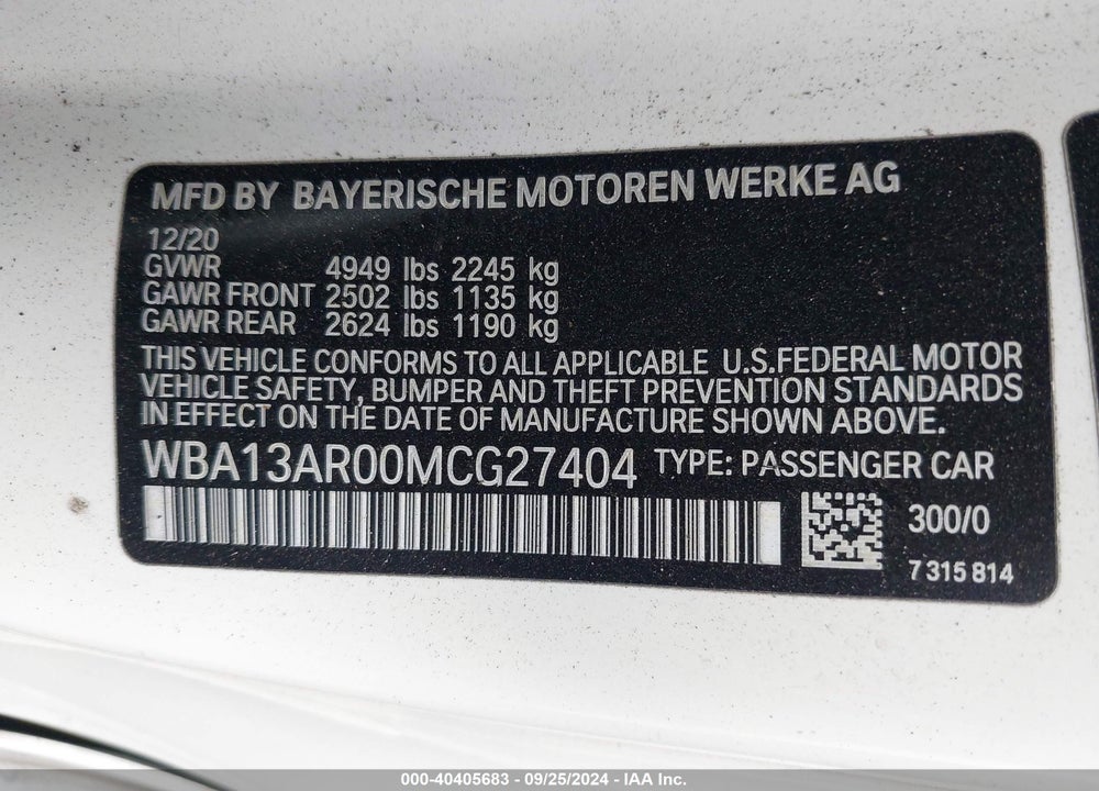 2021 BMW M440I VIN: WBA13AR00MCG27404