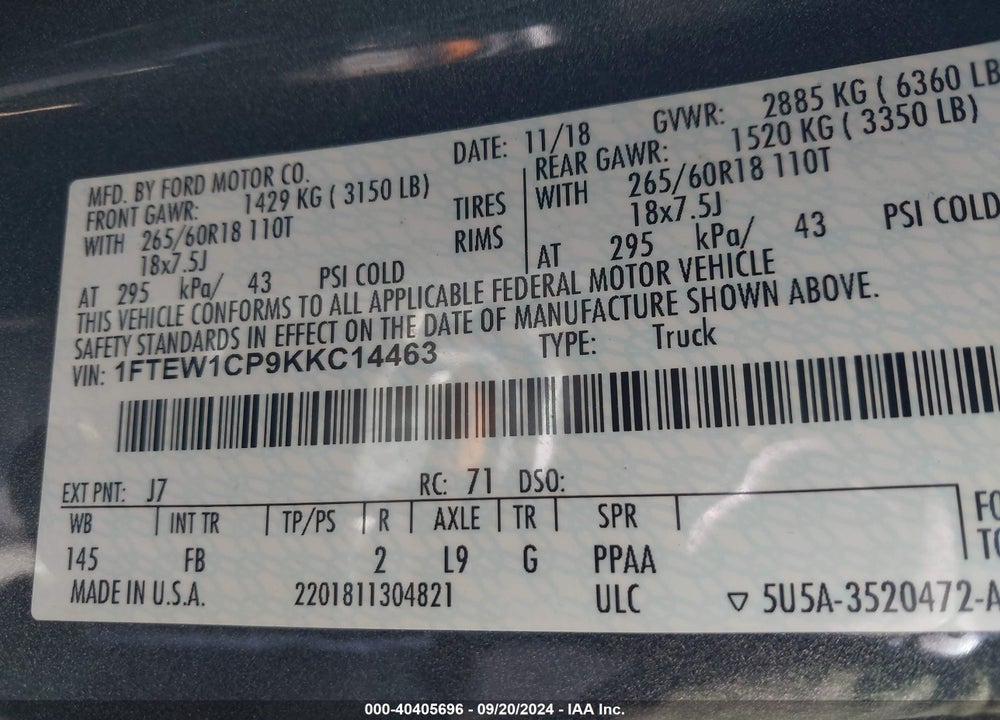 2019 FORD F-150 XLT VIN: 1FTEW1CP9KKC14463