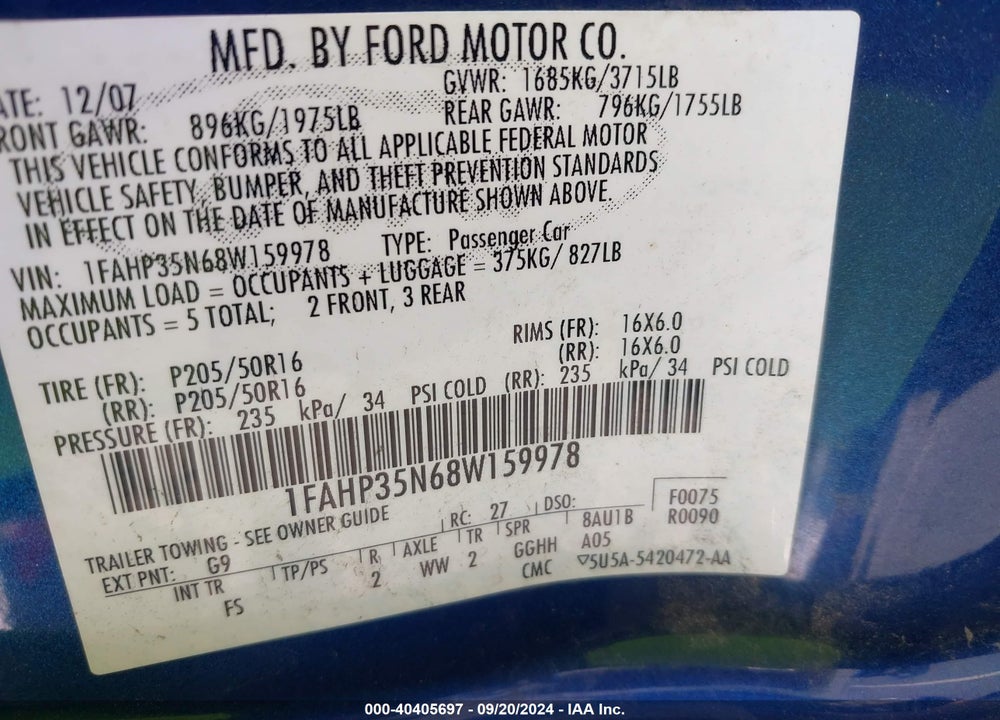 2008 FORD FOCUS SE VIN: 1FAHP35N68W159978
