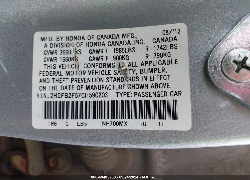 2012 HONDA CIVIC LX VIN: 2HGFB2F57CH590203