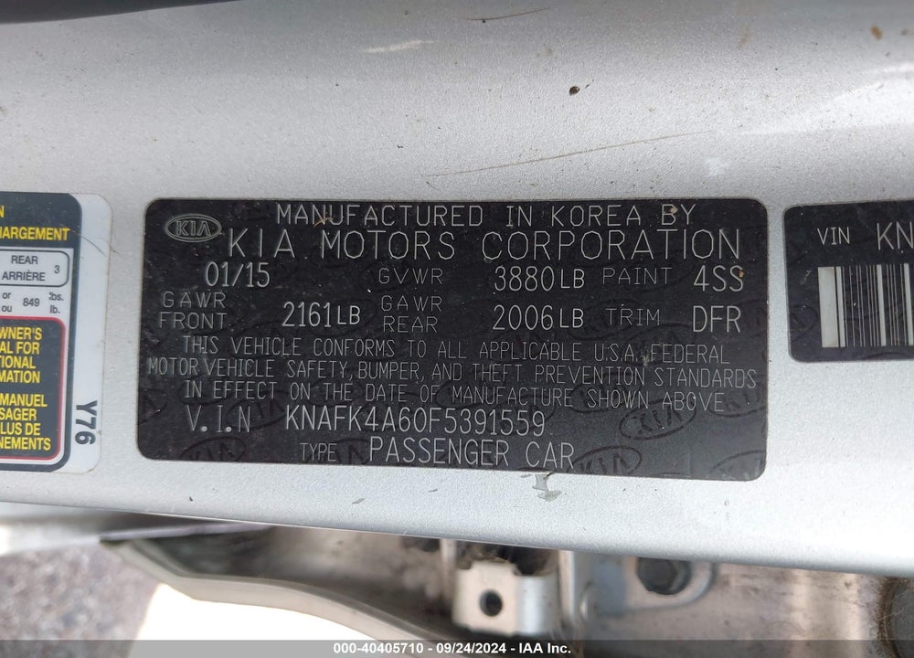 2015 KIA FORTE LX VIN: KNAFK4A60F5391559