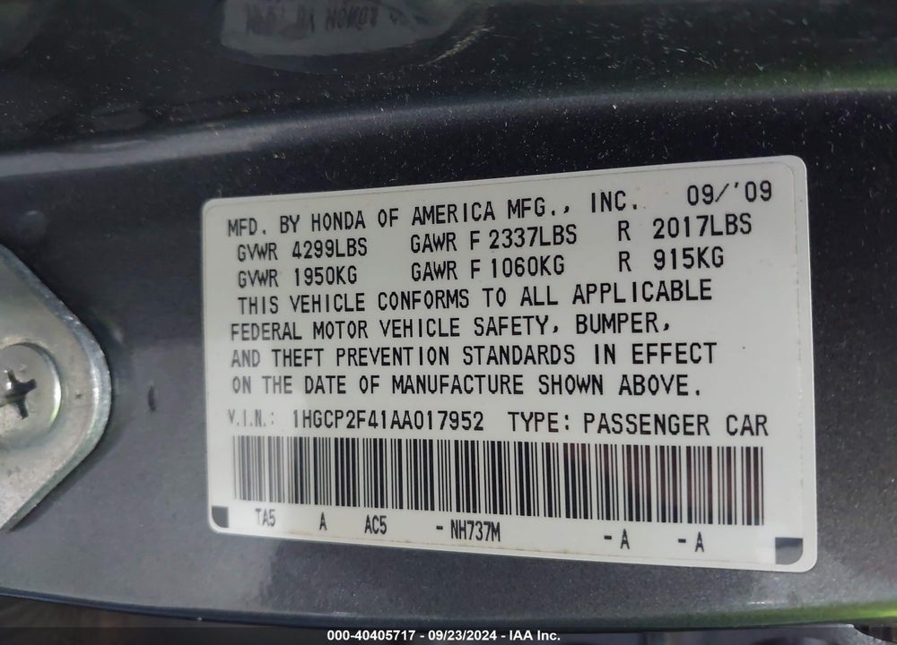 2010 HONDA ACCORD VIN: 1HGCP2F41AA017952