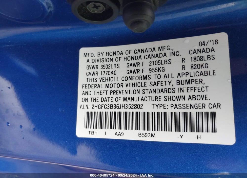 2018 HONDA CIVIC EX-T VIN: 2HGFC3B36JH352802