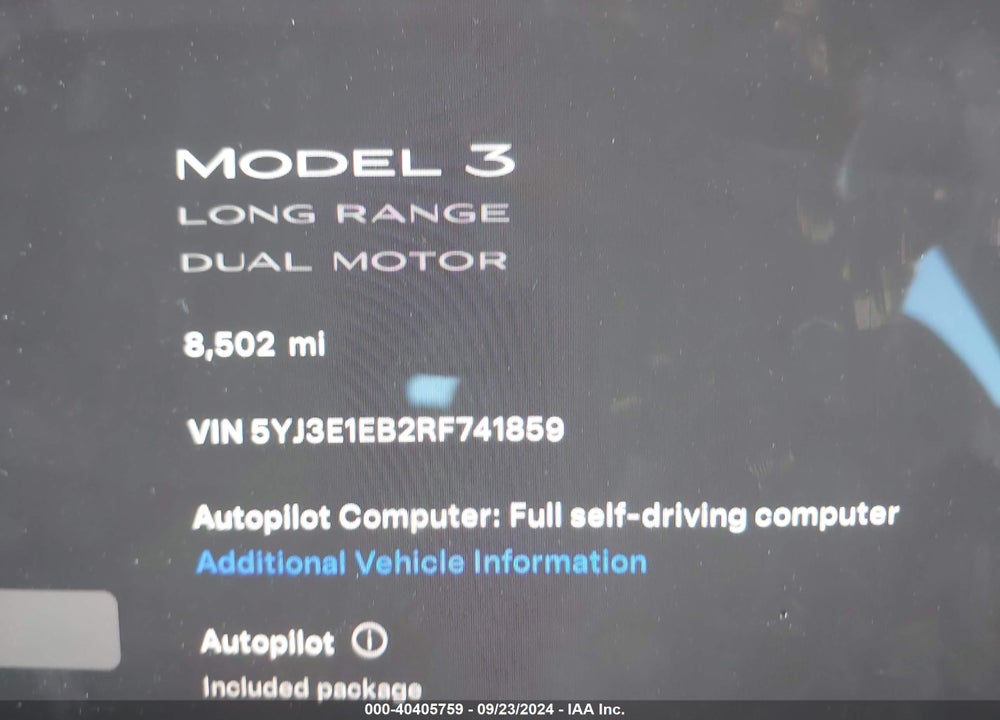 2024 TESLA MODEL 3 LONG RANGE DUAL MOTOR ALL-WHEEL DRIVE VIN: 5YJ3E1EB2RF741859