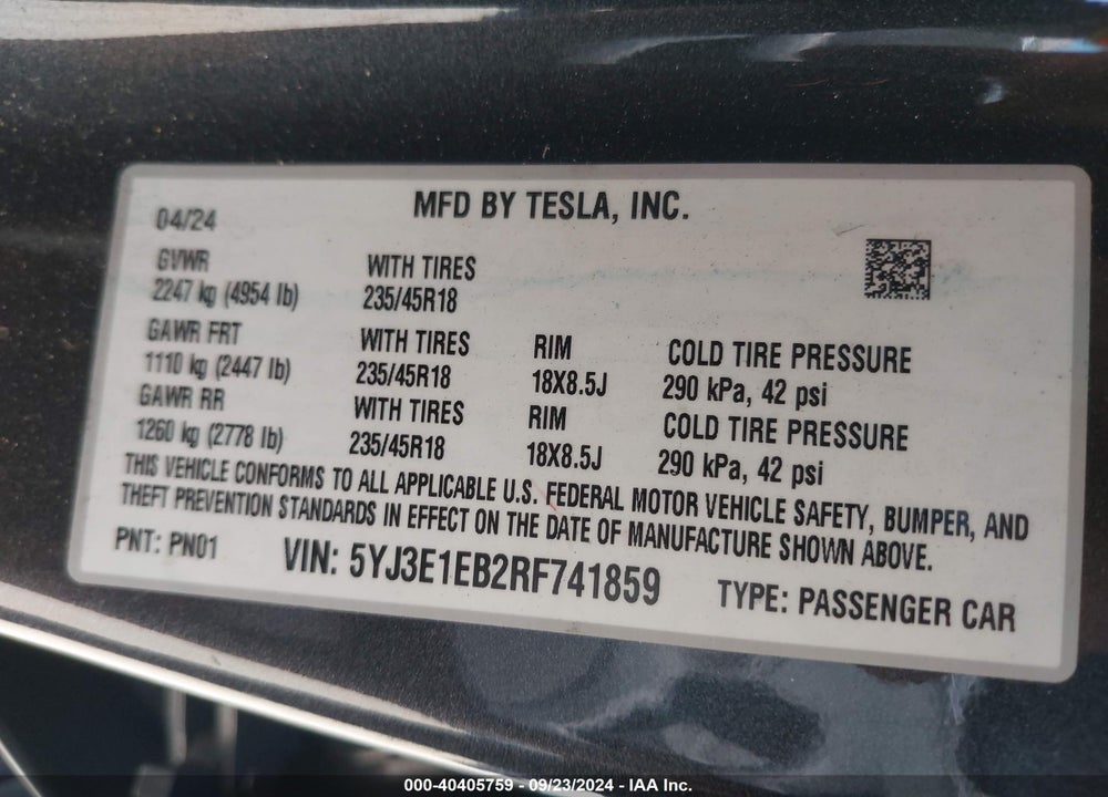 2024 TESLA MODEL 3 LONG RANGE DUAL MOTOR ALL-WHEEL DRIVE VIN: 5YJ3E1EB2RF741859