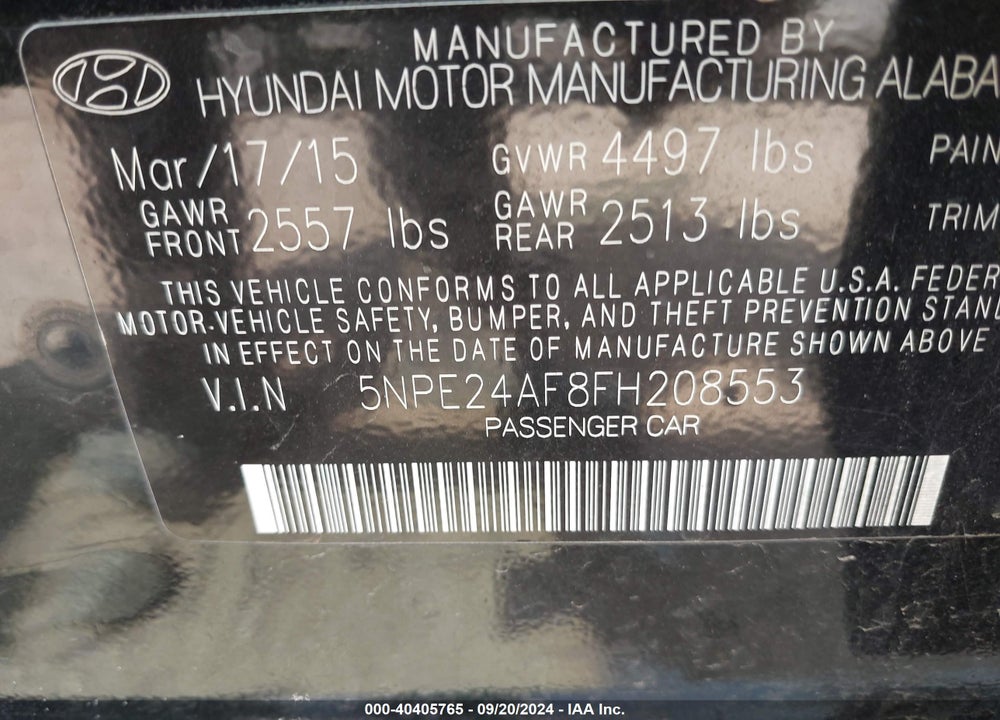 2015 HYUNDAI SONATA SE VIN: 5NPE24AF8FH208553