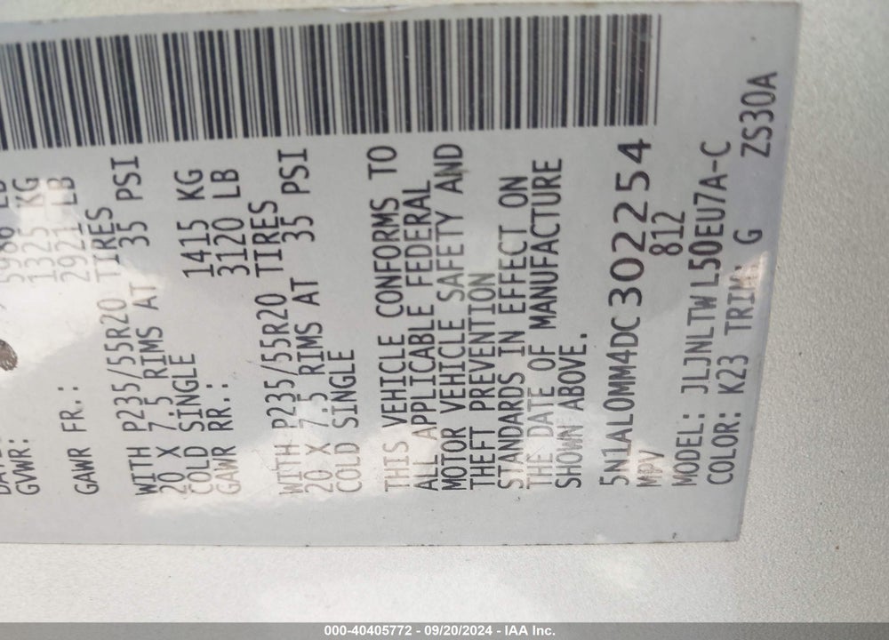 2013 INFINITI JX35 VIN: 5N1AL0MM4DC302254