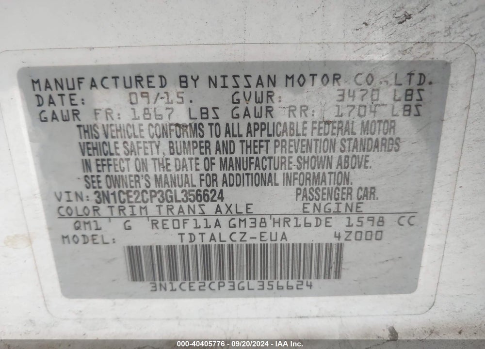 2016 NISSAN VERSA NOTE S PLUS VIN: 3N1CE2CP3GL356624