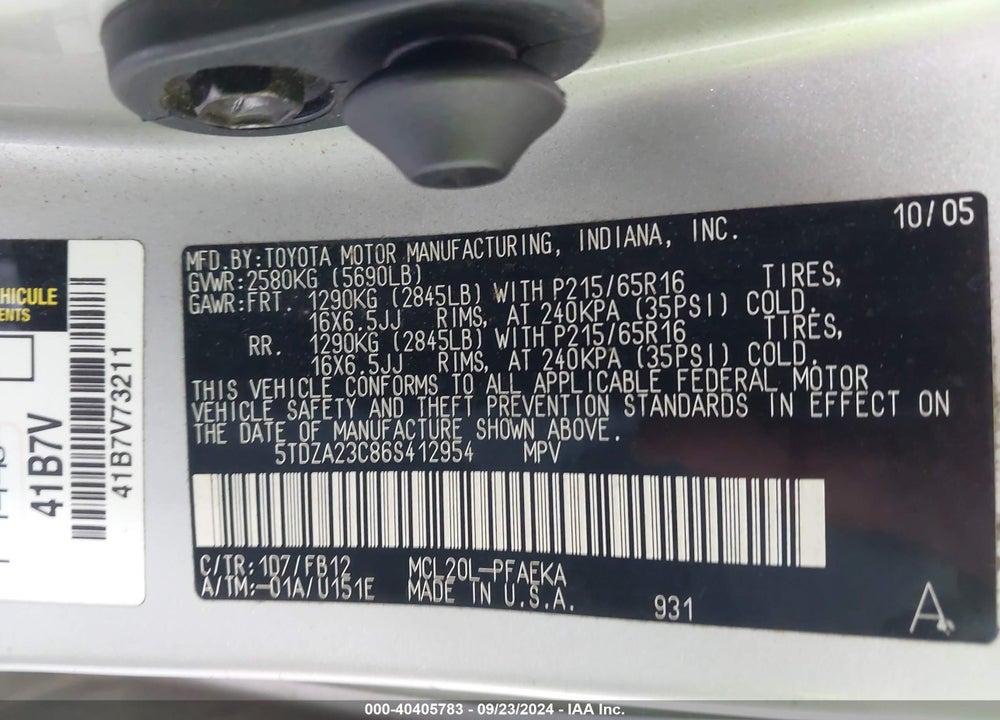 2006 TOYOTA SIENNA CE VIN: 5TDZA23C86S412954