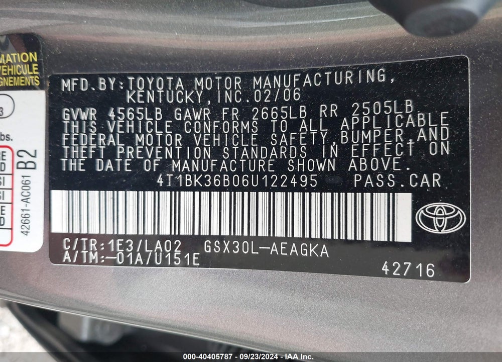 2006 TOYOTA AVALON XLS VIN: 4T1BK36B06U122495