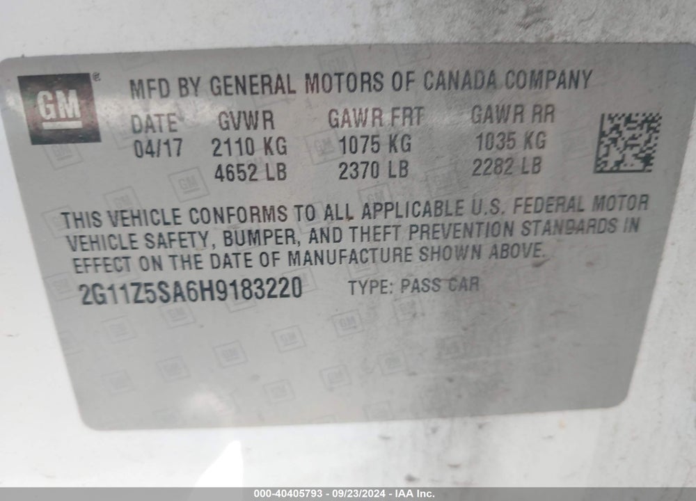 2017 CHEVROLET IMPALA LS VIN: 2G11Z5SA6H9183220