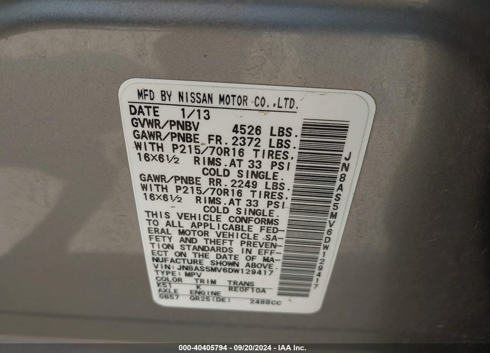 2013 NISSAN ROGUE S VIN: JN8AS5MV6DW129417
