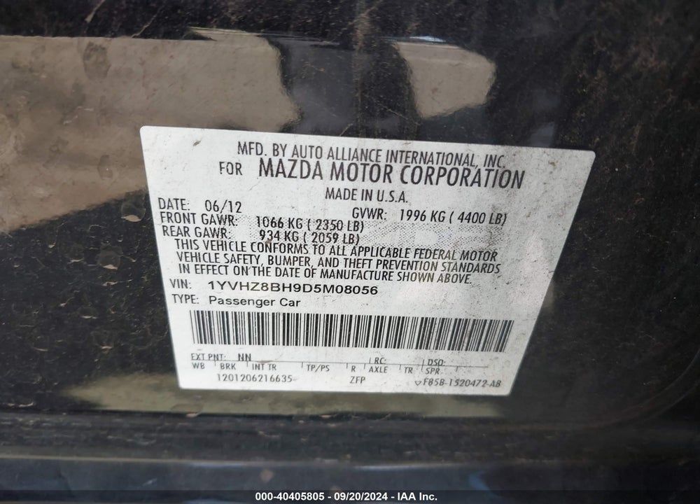 2013 MAZDA 6 VIN: 1YVHZ8BH9D5M08056